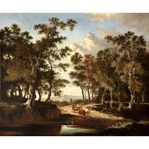 A Wooded Landscape with a Shepherd and his Herd on a Path near a Puddle